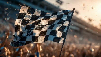 Checkered flag waving dynamically in racing environment, capturing victorious moment with enthusiastic crowd cheering, confetti falling, highlighting motorsport triumph and competitive energy