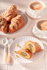 Tasty and traditionally pistachio croissants with nut filling.