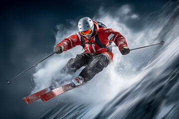 Skier descends steep snowy slope, displaying dynamic movement and excitement. Crisp winter setting with swirling snow emphasizes action. Concept of skiing, winter sports, adventure travel