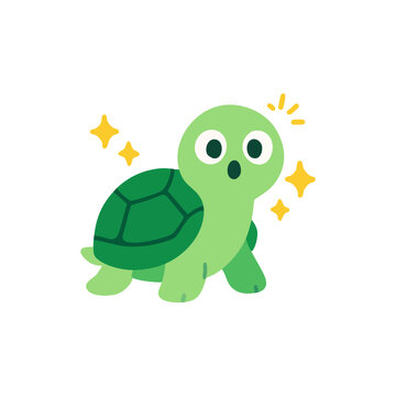 Cute cartoon turtle with surprised expression, green shell and sparkles around, isolated on white background in flat vector style.

