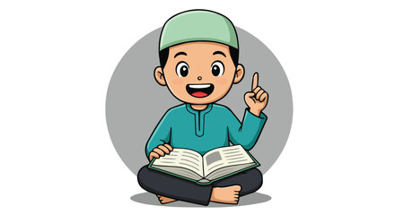 Happy Muslim Boy Reading Quran and Pointing Up Islamic Education Illustration

