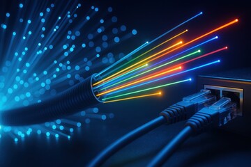 Advanced fiber optic network infrastructure featuring high-speed data transmission cables with colorful light effects