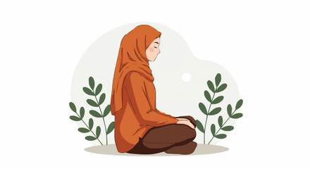 Obraz premium Muslim Woman Meditating in Peace Mindfulness and Calmness Vector Illustration