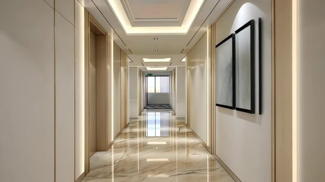 Modern Hotel Corridor: Elegant interior design of a hotel corridor, featuring a long hallway with marble flooring, recessed lighting, and modern wall panels.