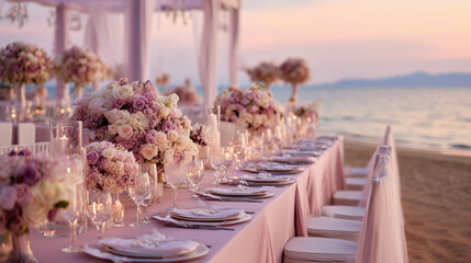 Elegant beachside wedding reception with floral arrangements and soft candlelight at sunset