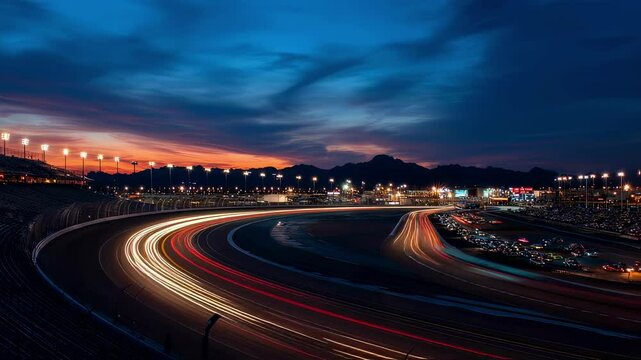 Long exposure photography captures the vibrant light trails of cars speeding around phoenix raceway at sunset, with mountains and colorful sky in background