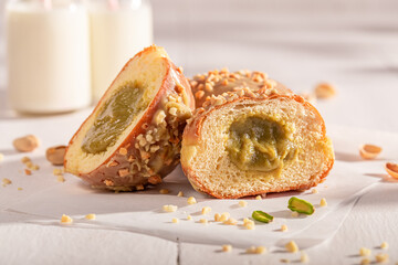 Delicious and yummy pistachio donuts as popular snack.