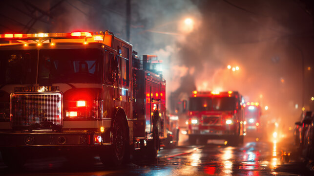 Firefighters responding to emergency situation on urban street at night with flashing lights and smoke