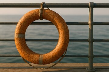 Cinematic Aged Lifebuoy Hanging on Pier Railing with Ocean Backdrop for Coastal and Marine Themes