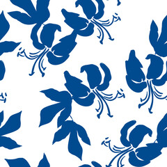 Lily flowers with leaves silhouettes, white background. Floral illustration. Vector seamless pattern. Nature garden. Summer plants