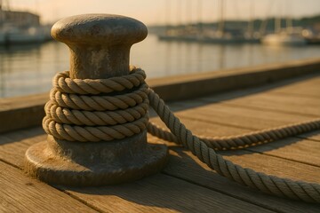 Cinematic Nautical Bollard Wrapped in Thick Rope on Wooden Marina Dock with Boats in Background