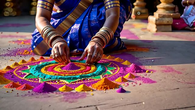 Woman in traditional clothing creating colorful rangoli design with powders during festive celebration outside