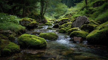 Obraz premium Forest river scene tranquil water flowing through lush green vegetation