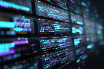 Genetic lab with gene sequences on screens, cool tones, close-up