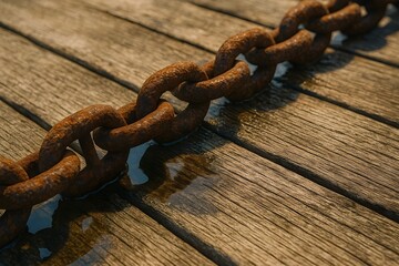 Cinematic Close-Up of Rusty Anchor Chain Resting on Wet Wooden Deck with Reflections from Harbor Water