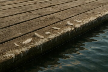 Cinematic Weathered Wooden Dock Edge with Bird Feathers and Algae Growth Above Still Blue Water