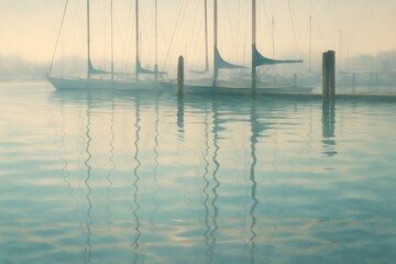 Cinematic Foggy Morning Harbor with Still Water Reflections and Docked Sailboats in Serene Atmosphere