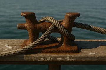 Cinematic Rusty Mooring Post with Heavy Rope on Wooden Pier Overlooking Ocean for Nautical Themes