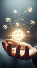 Conceptual Illustration of Human Hands Holding a Luminous AI Core, with Light Threads Connecting to Values Like Empathy and Fairness, Symbolizing Ethical AI.