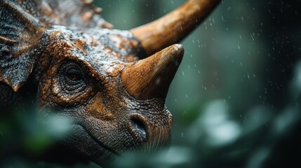 Obraz premium A close-up of a triceratops's intricate features, showcasing its textured skin and hallmark horns set against a misty backdrop, evoking a sense of prehistoric wonder.