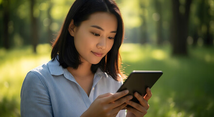 Fototapeta premium Mindful young woman uses digital device in nature. This candid image blends technology with natural tranquility, showcasing relaxed focus and learning amidst sun-dappled greenery.
