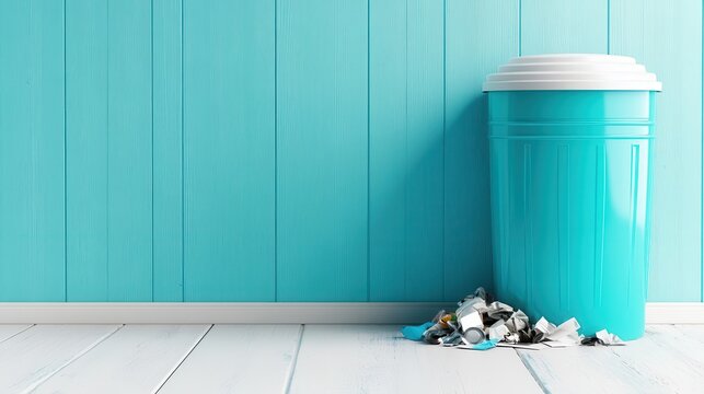 A bright turquoise trash can sits beside a matching wall, with crumpled papers spilling out, providing a striking visual contrast and a playful approach to waste disposal.
