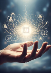 Conceptual Illustration of Human Hands Holding a Luminous AI Core, with Light Threads Connecting to Values Like Empathy and Fairness, Symbolizing Ethical AI.