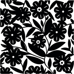 Abstract black silhouette floral pattern with stylized flowers and leaves on white background.