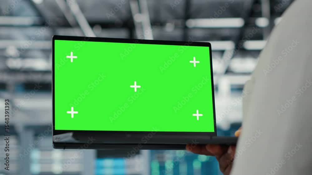Poster close up of technician upgrading equipment in data center using isolated screen laptop. it professio