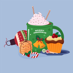 Merry Christmas mug with hot chocolate, cupcake, cookie, candy cane, and ornament, for holiday celebration. Vector illustration