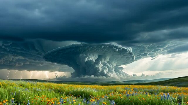 Massive tornado funnel cloud forming under dark stormy sky over vibrant wildflower field in open countryside
