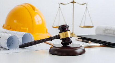 Construction Law Concept Architect Plans, Gavel, Scales of Justice, Hard Hat, Building Blueprints.