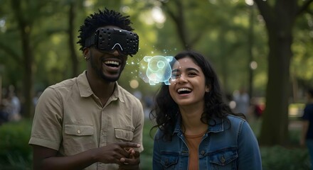 Happy Diverse Friends Experiencing Virtual Reality Outdoors with Holographic Display in Park