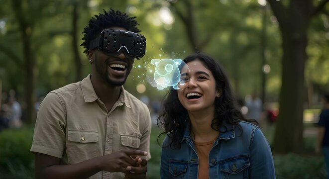 Happy Diverse Friends Experiencing Virtual Reality Outdoors with Holographic Display in Park