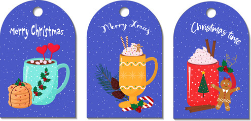 Collection of Christmas gift tags. Illustration of New Year mugs with festive drinks and holiday attributes. Cookies, gingerbread men, candy cane, fir branch with cones. Holiday labels for gifts