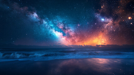 Fototapeta premium Realistic starry night over ocean horizon. Cosmic Milky Way illuminates waves under a vibrant sky. Ideal for sci-fi themes, dreamscapes, or cosmic artwork.