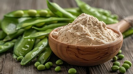 A wooden bowl filled with green pea protein powder is displayed alongside fresh pea pods, highlighting the nutritious benefits of plant-based protein sources in a natural setting.