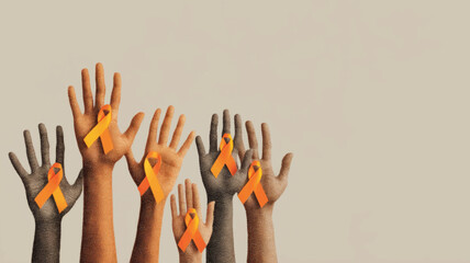 Diverse raised hands with orange ribbons for International Day to End Violence Against Women