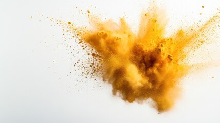 Obraz premium A stunning explosion of vibrant yellow dust against a stark white background, illustrating the dynamic beauty of color and movement, creating an artistic and abstract visual.