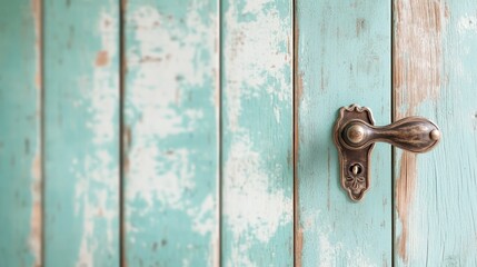 Fototapeta premium An antique door handle beautifully contrasted against a rustic turquoise wooden door, capturing the essence of vintage charm and timeless elegance in architectural elements.