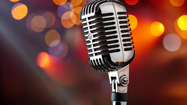 Vintage Microphone: A close-up shot of a classic, silver microphone stands tall against a blurred backdrop of stage lights, inviting you to feel the vibrant energy.