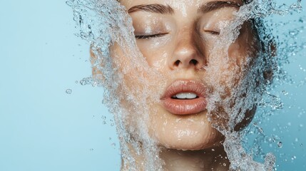 A close-up of a woman's face is highlighted as water splashes against her skin, symbolizing purity, rejuvenation, and the refreshing essence of nature in an artistic fashion.