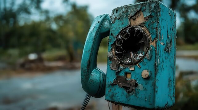A weathered and rusty vintage telephone booth stands abandoned amidst overgrown nature, symbolizing nostalgia and the passage of time in a forgotten environment.