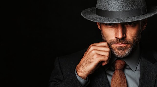 A charismatic man dressed in a sharp suit and stylish fedora exudes confidence and intrigue, captured against a dark background that enhances his intense gaze and strong presence.