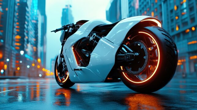 A stunning futuristic motorcycle showcases an innovative design with sleek lines and neon accents, embodying speed, technology, and modern aesthetics in urban settings.