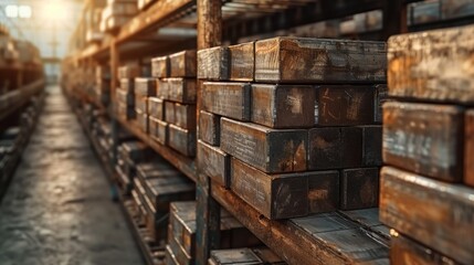 A spacious industrial warehouse featuring neatly stacked metal blocks on shelves, showing a warm and inviting glow of sunlight illuminating the workspace.