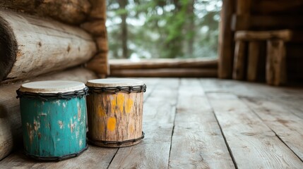 Fototapeta premium Two rustic drums sit in a cozy wooden cabin, showcasing earthy textures and colors, perfect for creating a warm atmosphere and evoking musical creativity.