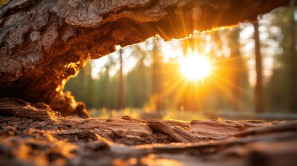 Fototapeta premium A stunning view of the sun rising through a natural arch, creating beautiful rays of sunlight amidst a serene forest landscape, evoking feelings of peace and tranquility.