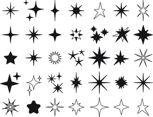 A vector illustration featuring a collection of various black star shapes on a white background