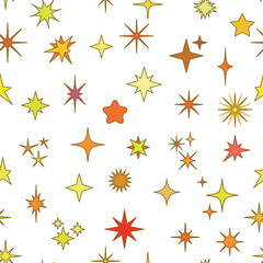 A vector illustration. Seamless pattern with collection of various colorful star shapes in yellow, orange, and red tones on a white background